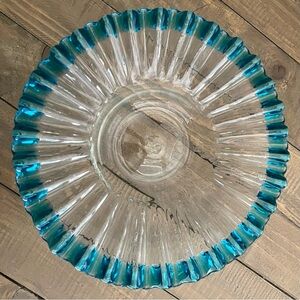 Rare Blenko Crimped Bowl 5423 9 1/4” Aqua & Clear Mermaid Bowl By Wayne Husted